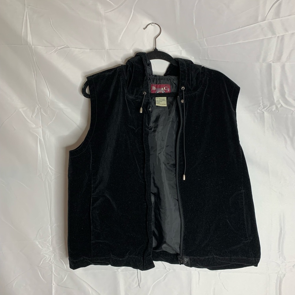 Vintage Denim & Co Jeanswear Black Velvet Hooded Zip Up Vest Size Large